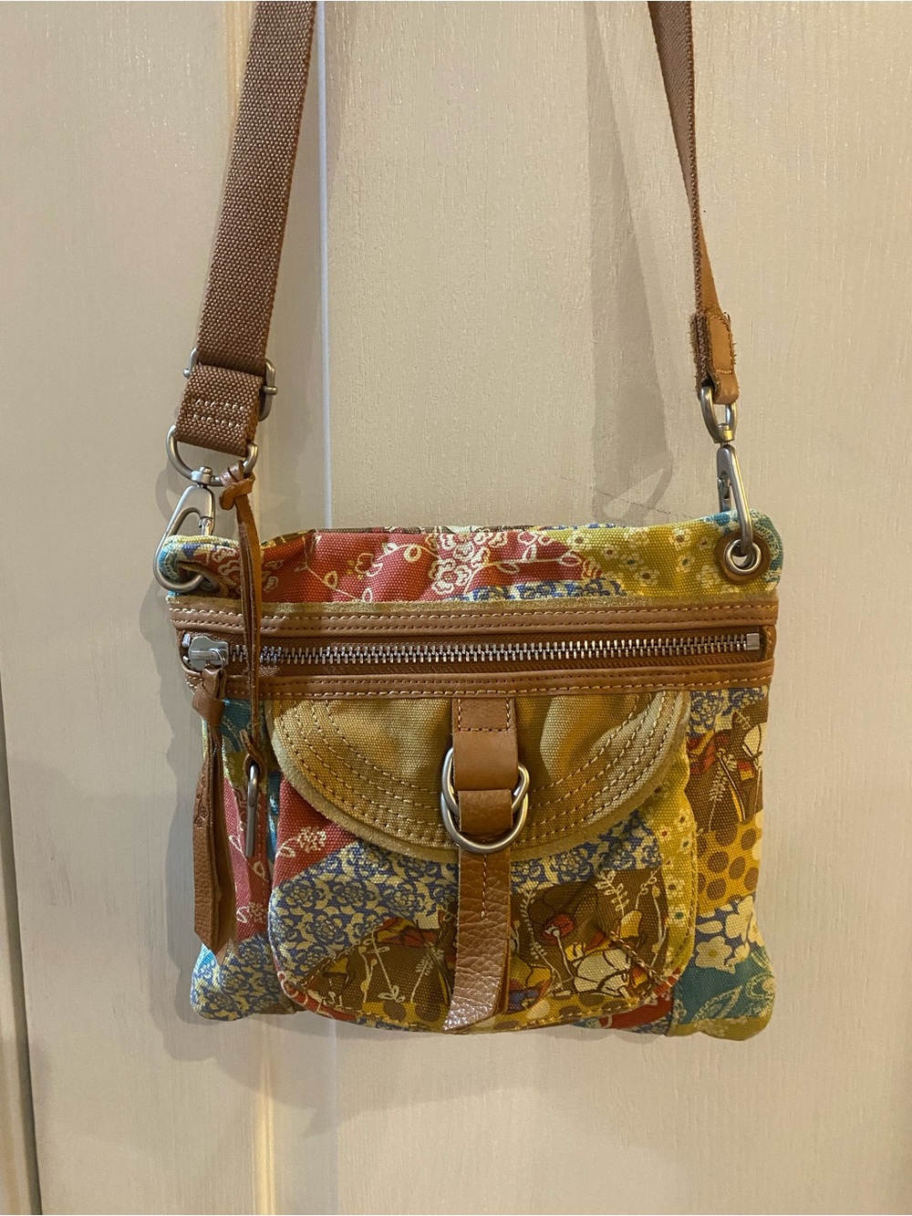Fossil Patchwork Floral Crossbody in Mustard, Tan and Blue